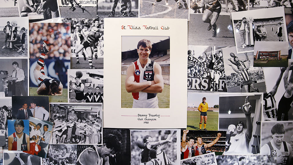 dfGetty1173486652.jpg Photo wall honouring the life of Danny Frawley at the St Kilda Football Club. Picture: Getty Images - AFL,ad-block